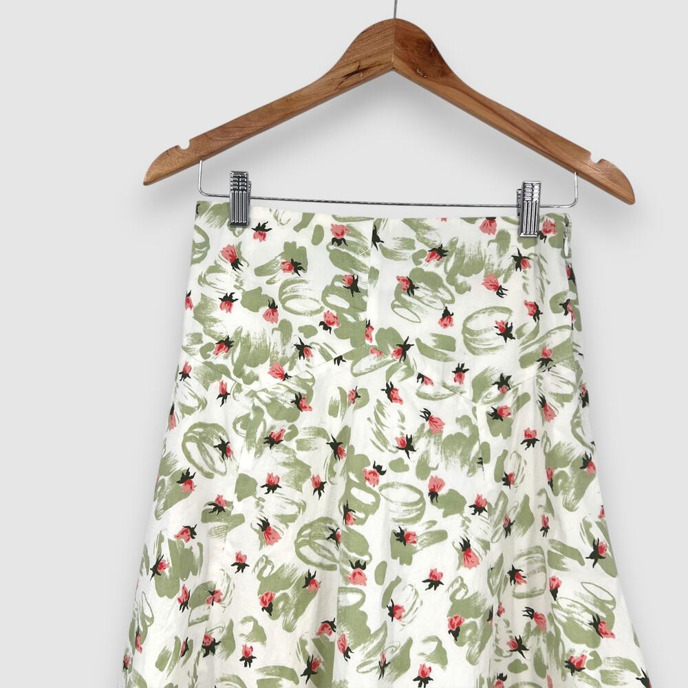 Anthropologie Elevenses Green and Pink Watercolor Floral A-Line Skirt Size 4 - Picture 6 of 7